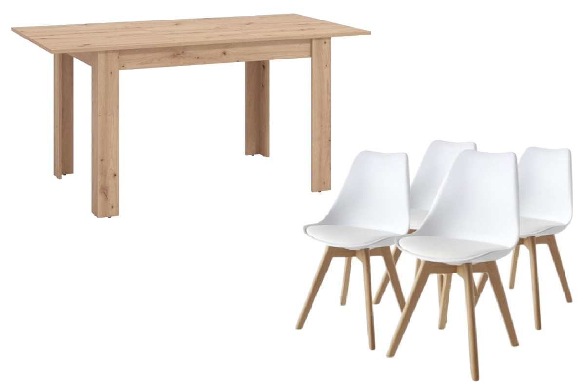 PACK Mesa HAMAR em carvalho + 4 cadeiras brancas NORDIC design