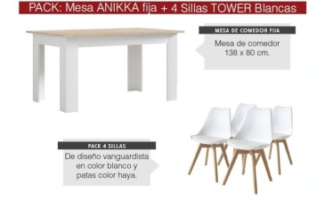 PACK de 1 Mesa de salón + 4 Sillas NORDIC Blancas