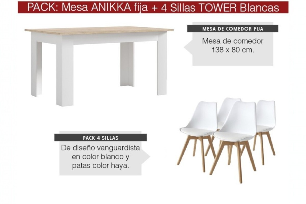 PACK Mesa ANNIKA + 4 cadeiras NORDIC brancas