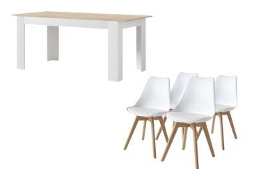 PACK de 1 Mesa de salón extensible + 4 Sillas Nordic de diseño en color Blanco