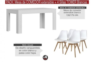 PACK de 1 Mesa de salón extensible + 4 Sillas Nordic de diseño en color Blanco