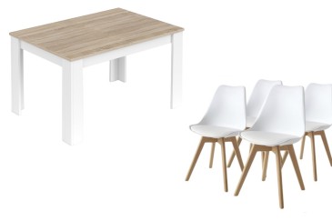 PACK de 1 Mesa de salón extensible + 4 Sillas de diseño en color Blanco