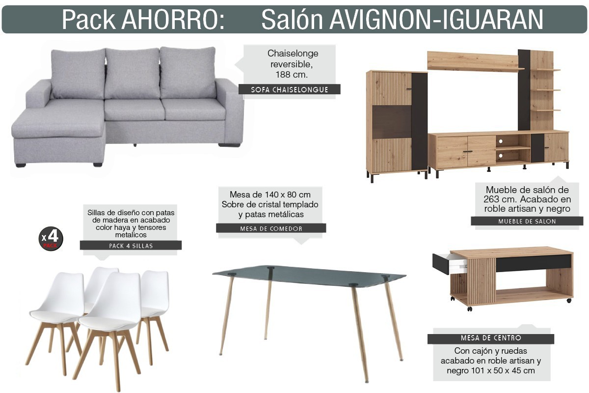 Pack AHORRO Salón AVIGNON IGUARAN (Con Chaiselongue Reversible)