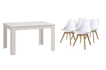 PACK de 1 Mesa de salón extensible + 4 Sillas Nordic de diseño en color Blanco