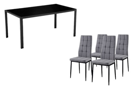 PACK de 1 Mesa de salón cristal Negro + 4 Sillas en color Gris