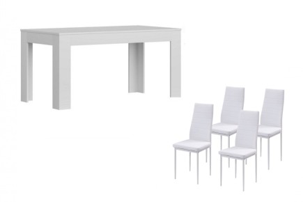 PACK de 1 Mesa de salón extensible + 4 Sillas Nordic de diseño en color Blanco