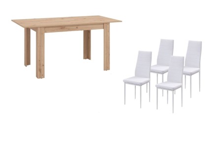 PACK de 1 Mesa de salón extensible + 4 Sillas Nordic de diseño en color Blanco