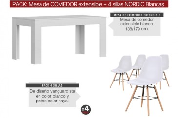 PACOTE de 1 mesa de centro extensível + 4 cadeiras Nordic em cor branca