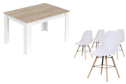 PACK de 1 Mesa de salón extensible + 4 Sillas de diseño en color Blanco