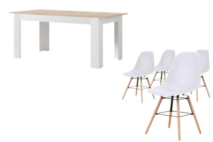 PACK de 1 Mesa de salón extensible + 4 Sillas Nordic de diseño en color Blanco