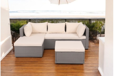 Conjunto de jardín Sofa Chaiselongue + Puff/Mesa Rattan gris