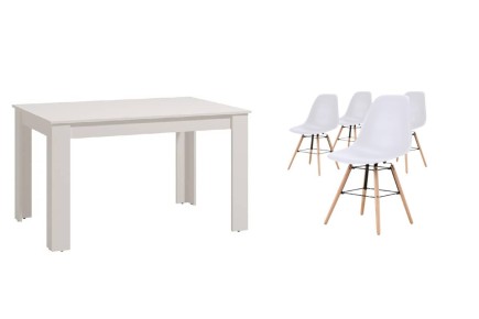 PACK de 1 Mesa de salón extensible + 4 Sillas Nordic de diseño en color Blanco