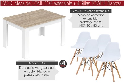 PACK MEDITERRANEO Mesa + 4 cadeiras TOWER brancas design