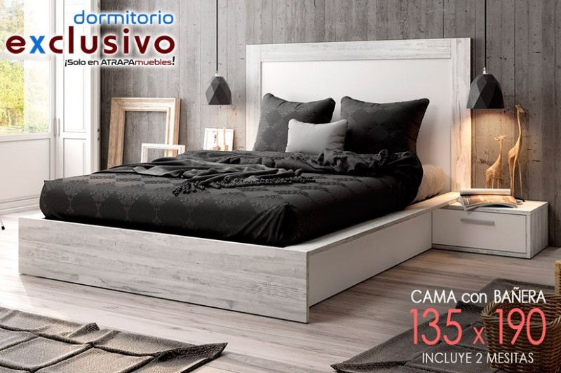 Dormitorio TAO (Estructura de cama 135 + Cabecero + 2 Mesitas) al